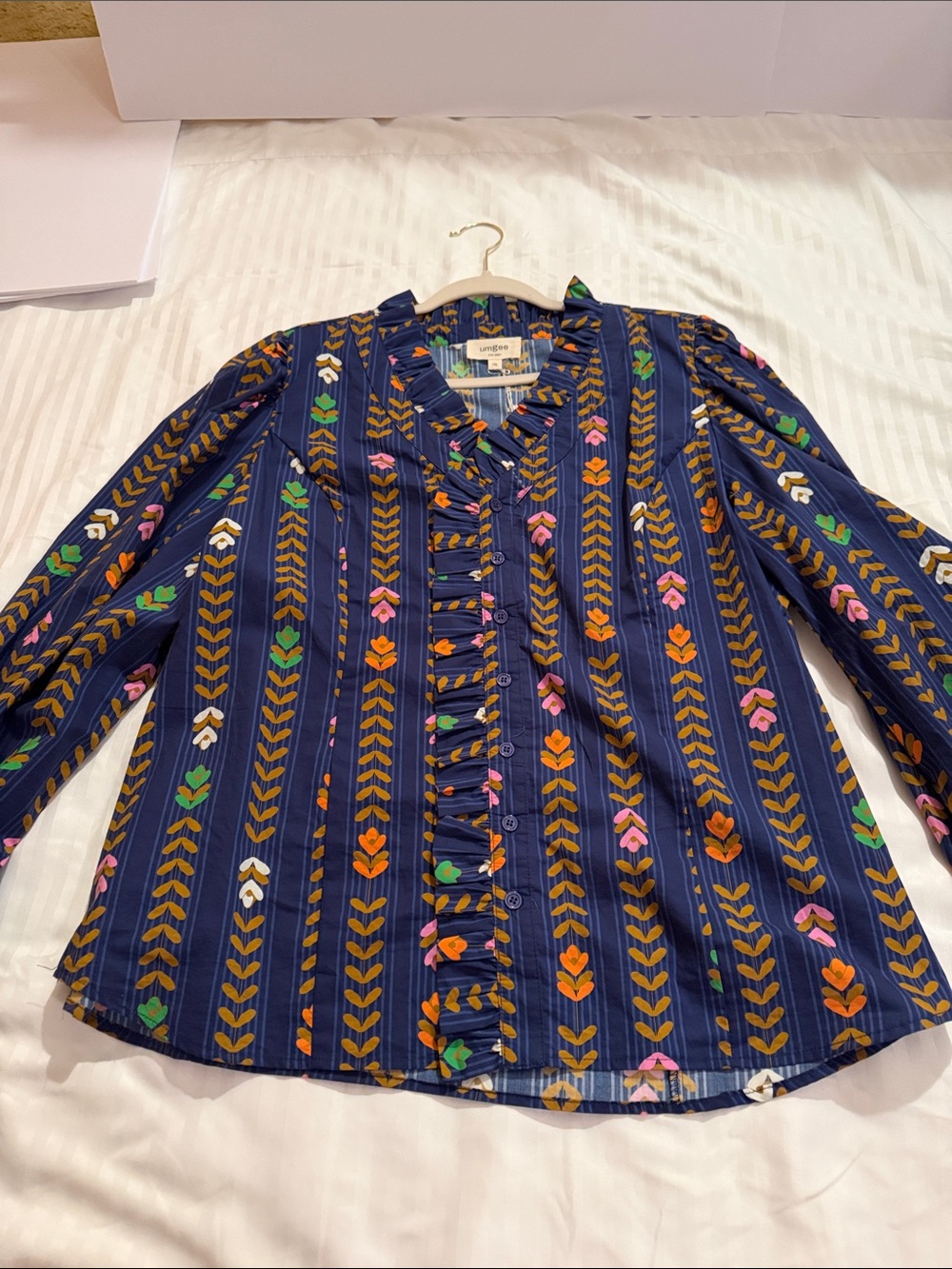 Umgee Navy Floral-Print Ruffle Front Blouse